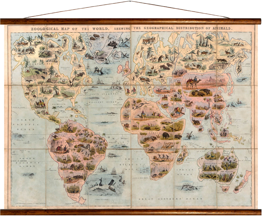 Zoological map of the world, reprint on linen