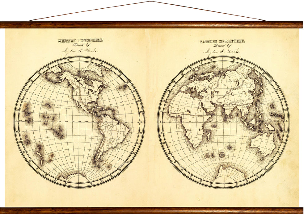 Western and eastern hemisphere, reprint on linen
