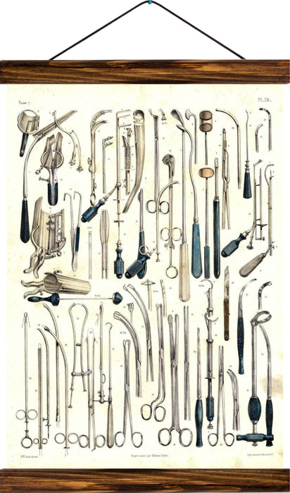 Dentist tools, reprint on linen