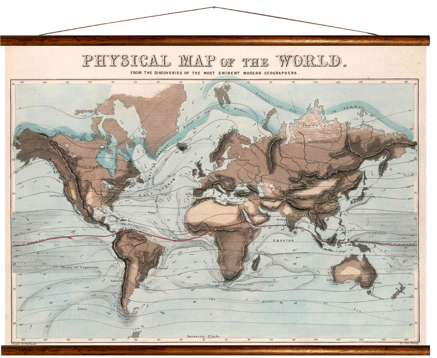 Physical map of the world, John Emsile, reprint on linen - Josef und Josefine