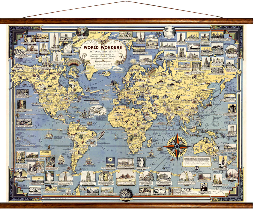 World wonders, pictural map, reprint on linen - Josef und Josefine