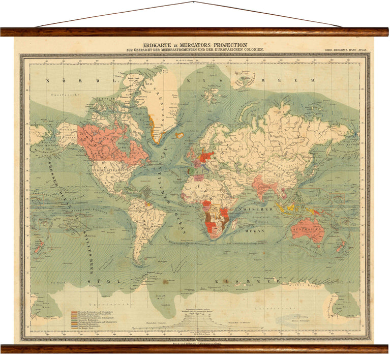 Earthmap, overview of ocean currents and european colonies, reprint on linen - Josef und Josefine