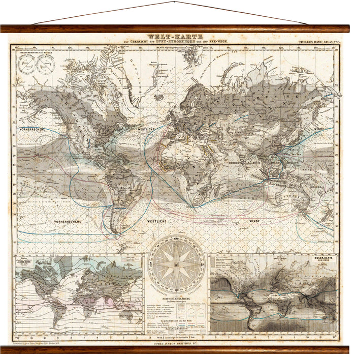 Earth map, overview of air currents and sea routes, 1872, reprint on linen - Josef und Josefine