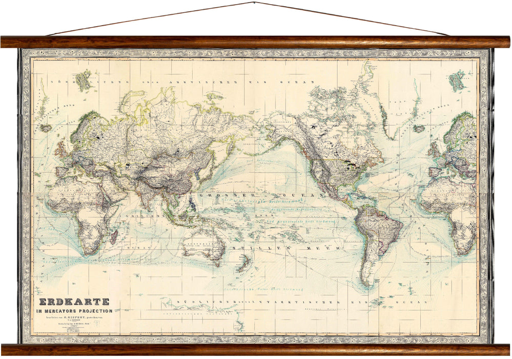 Earthmap, in mercators projection, 1856, reprint on linen - Josef und Josefine