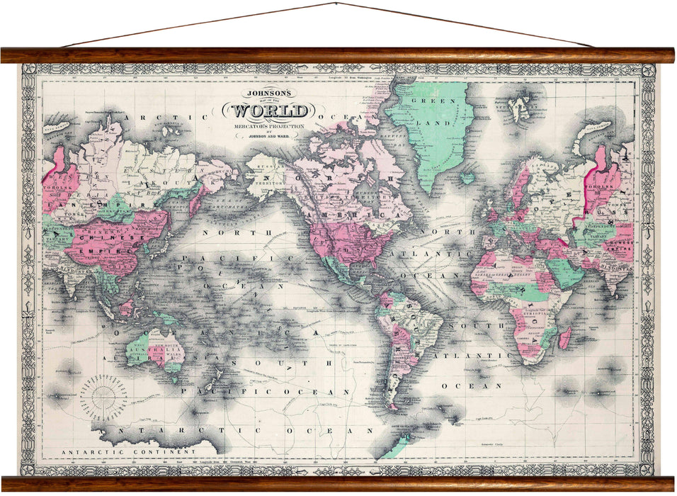 Johnson's map of the world, in mercators projection, reprint on linen - Josef und Josefine