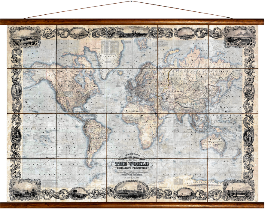 The World, Mercators Projection, reprint on linen