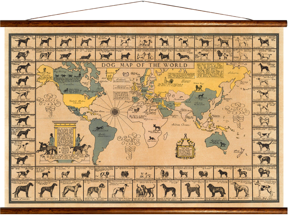 Dog map of the world, reprint on linen