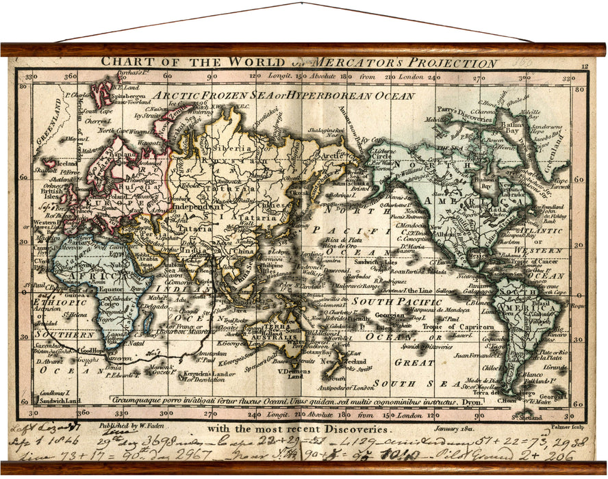 Map of the world, mercators projection, reprint on linen